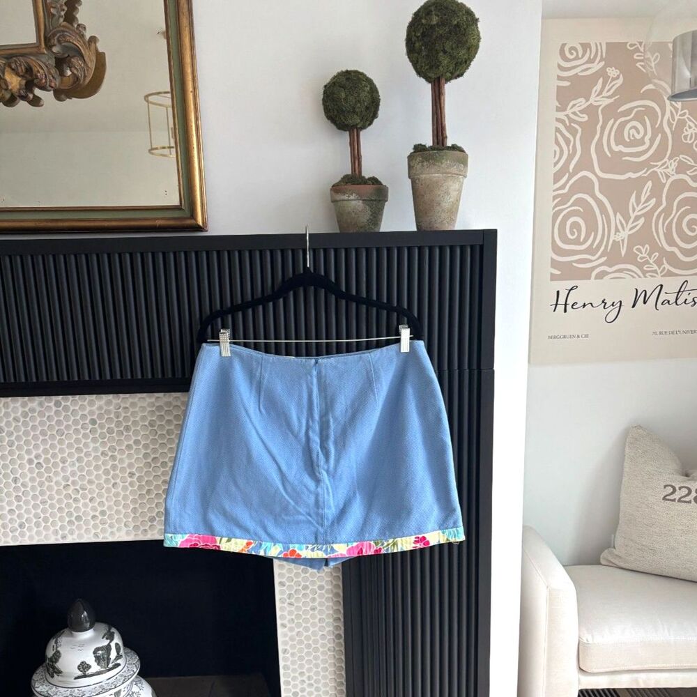 Willi Smith Vintage Blue Cotton Skort 14 Floral Trim Retro Mini Shorts Skirt 90s - Picture 5 of 5